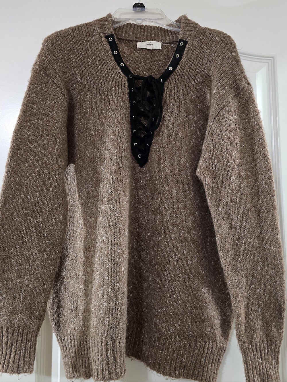 Entro Brown Lace-Up V-Neck Knit Sweater with Black Trim